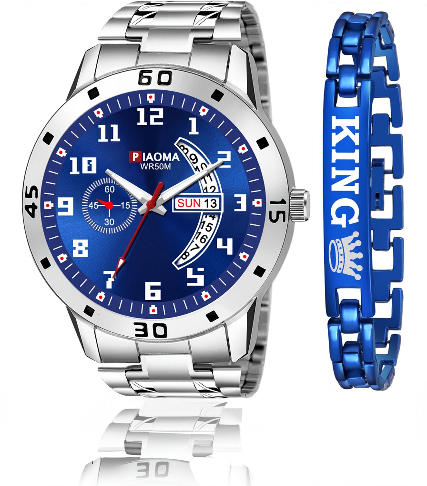 Piaoma PADPUR0507 Day And Date Functioning Combo Of King Printed Blue Bracelet High Quality Analog Watch  - For Men